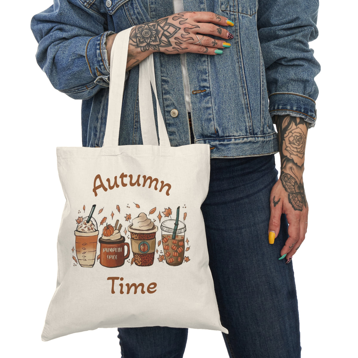 Autumn Time Pumpkin Spice Drinks Tote Bag | Fall Coffee Illustration